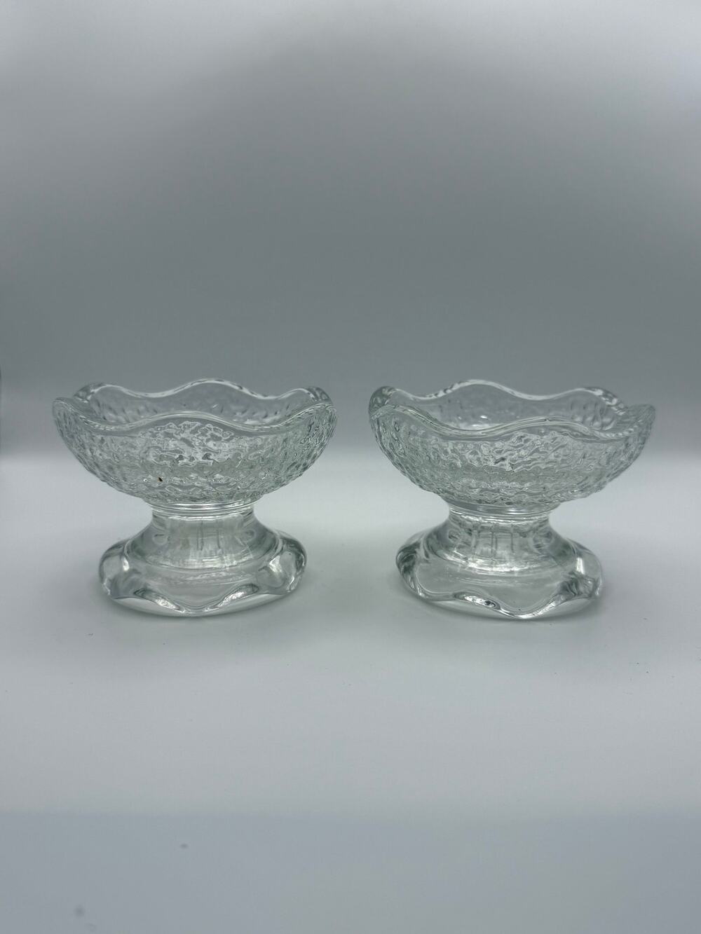 Vintage Clear Textured Glass Footed Dessert Bowls Scalloped Pair